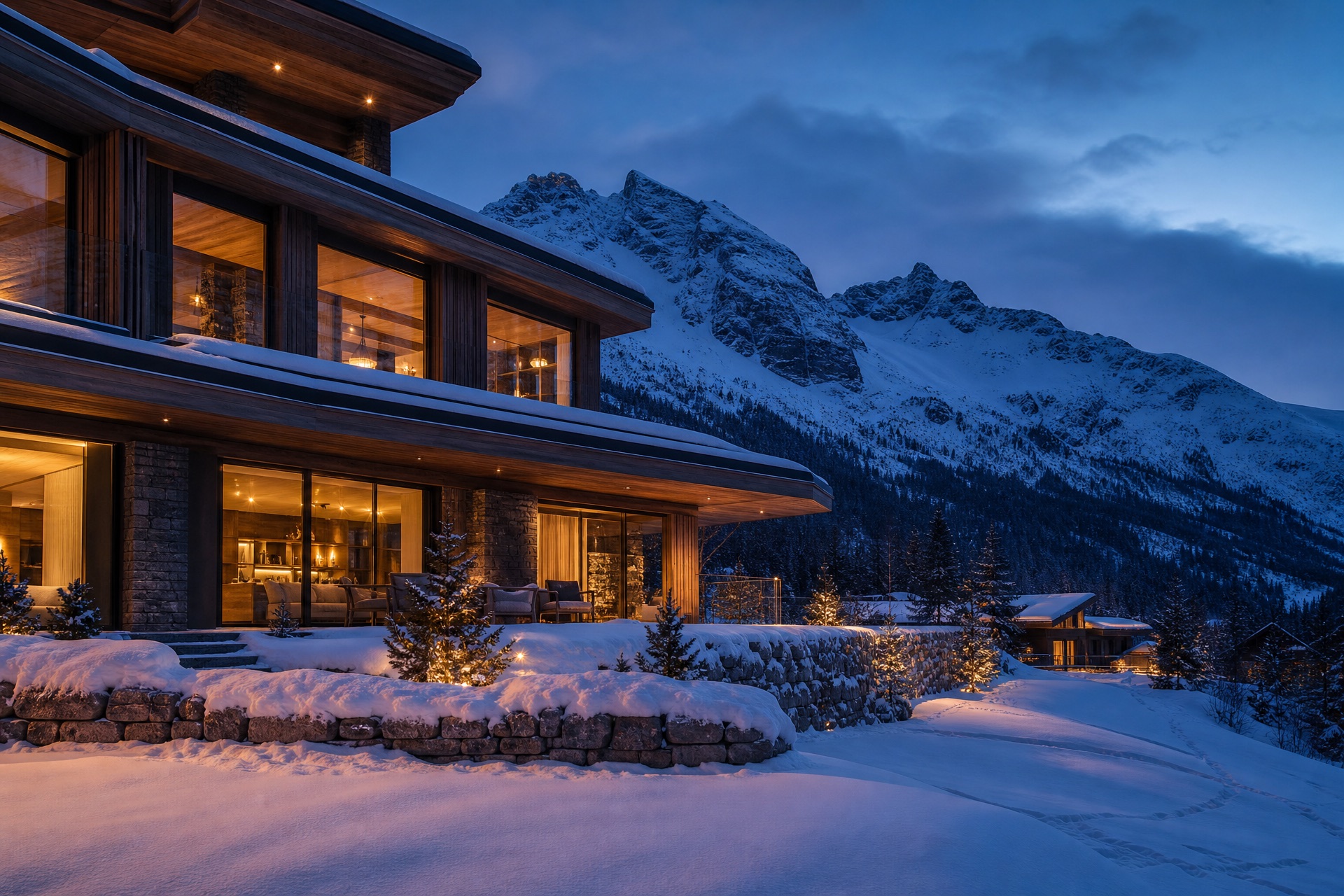 Luxury alpine chalet at twilight with warm interior lights and snow-covered peaks